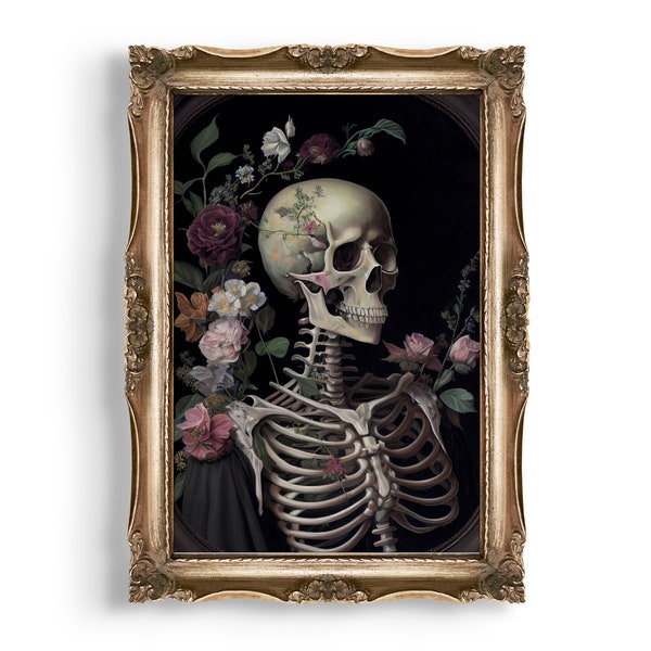 Skeleton Portrait | Gothic Skull Wall Art, Floral Goth Decor, Dark Oil Painting, Vintage Creepy Aesthetic, Dark Cottagecore Room Decor