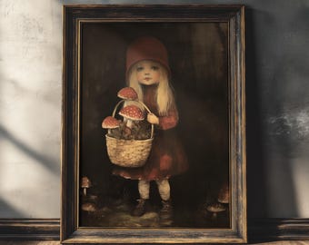 Vintage Mushroom Girl | Dark Cottagecore Art, Folk Art Print, Dark Academia, Mushroom Decor, Goth Cottage Core Art, Retro Gothic Wall Art