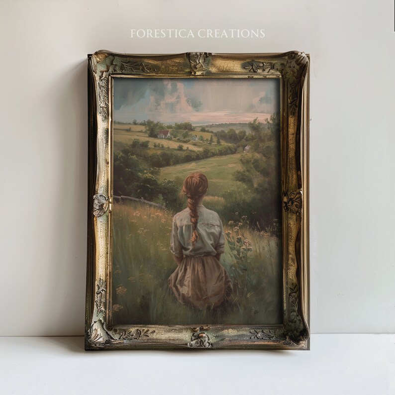 Vintage styled oil painting of Anne of Green Gables as a digital printable. Perfect for a book lover and as a cottagecore themed gallery wall.