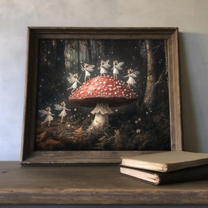 Whimsical woodland nursery art showing a group of delicate fairies in white dresses encircling a red mushroom amidst a dark, enchanted forest.