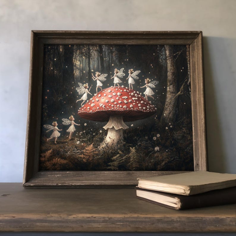 Whimsical woodland nursery art showing a group of delicate fairies in white dresses encircling a red mushroom amidst a dark, enchanted forest.