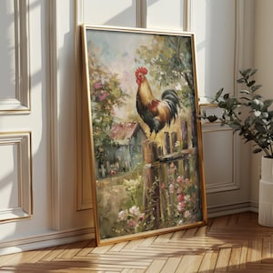 Farm animal wall art print depicting a vibrant rooster, suitable for vintage room decor and rustic farmhouse art collections.