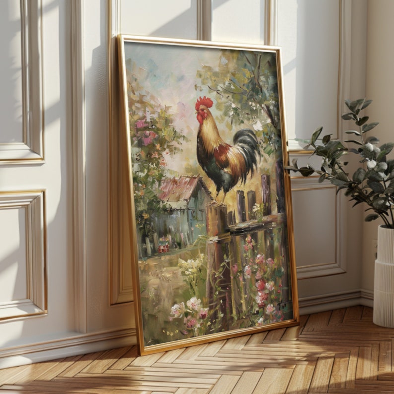 Farm animal wall art print depicting a vibrant rooster, suitable for vintage room decor and rustic farmhouse art collections.