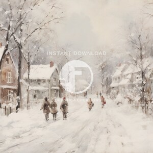 May include: A watercolor painting of a snowy street scene with houses and trees. People are walking down the street, and the snow is falling softly.