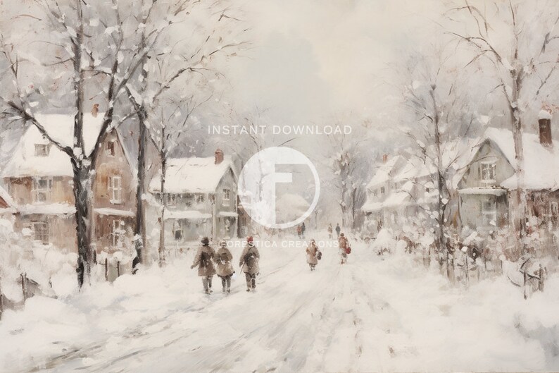 May include: A watercolor painting of a snowy street scene with houses and trees. People are walking down the street, and the snow is falling softly.