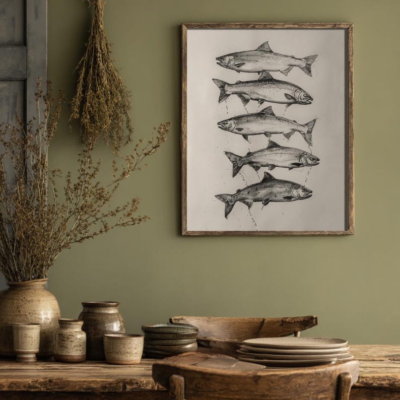 Detailed fish illustration in a salmon chart drawing, in dark academia style for beach cottage decor.
