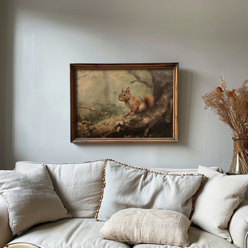 Cottagecore inspired squirrel painting, harmonizing with dark academia aesthetics for a nostalgic and moody home ambiance.