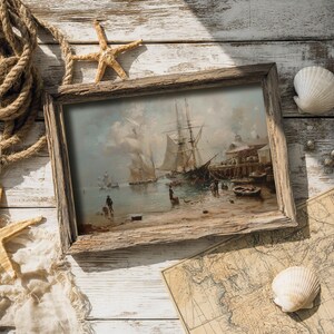 Light academia decor piece portraying an antique coastal scene, ideal for creating a reflective gallery wall.