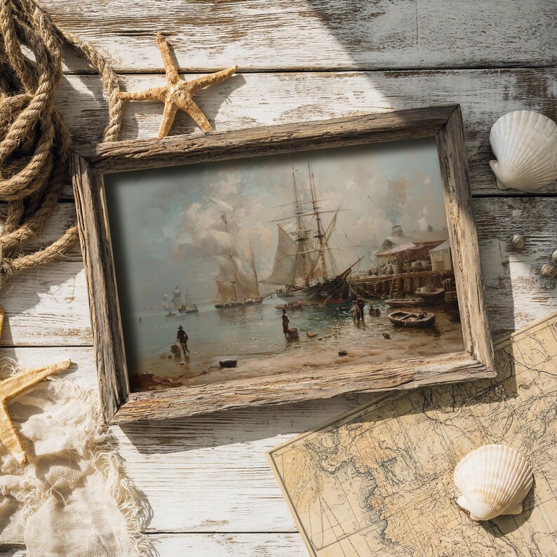 Light academia decor piece portraying an antique coastal scene, ideal for creating a reflective gallery wall.