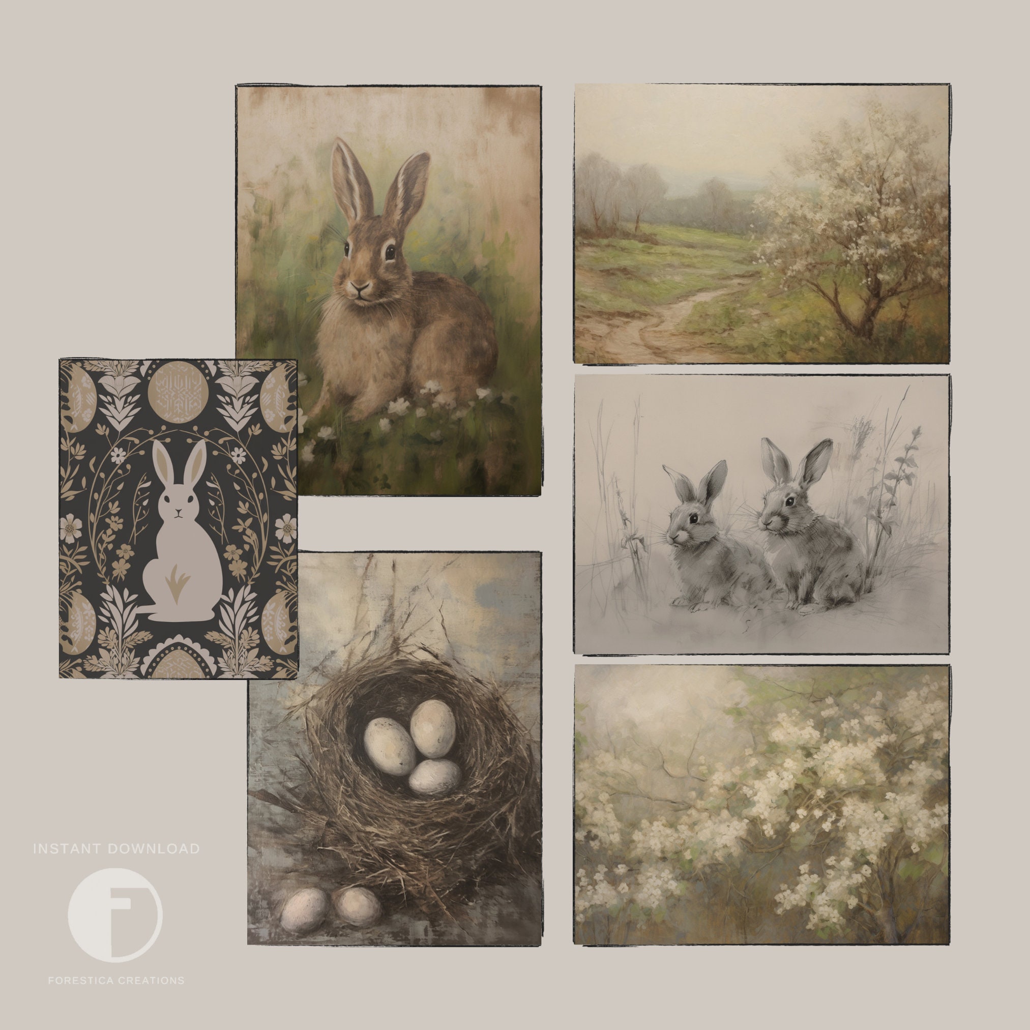 Set of 6 Easter Prints | Spring Gallery Wall Set, Cottagecore Bunny ...