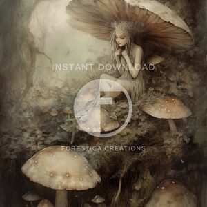 May include: A whimsical illustration of a fairy sitting under a large mushroom in a forest setting. The fairy is wearing a crown of leaves and a flowing white dress. The forest is filled with lush greenery and other mushrooms.