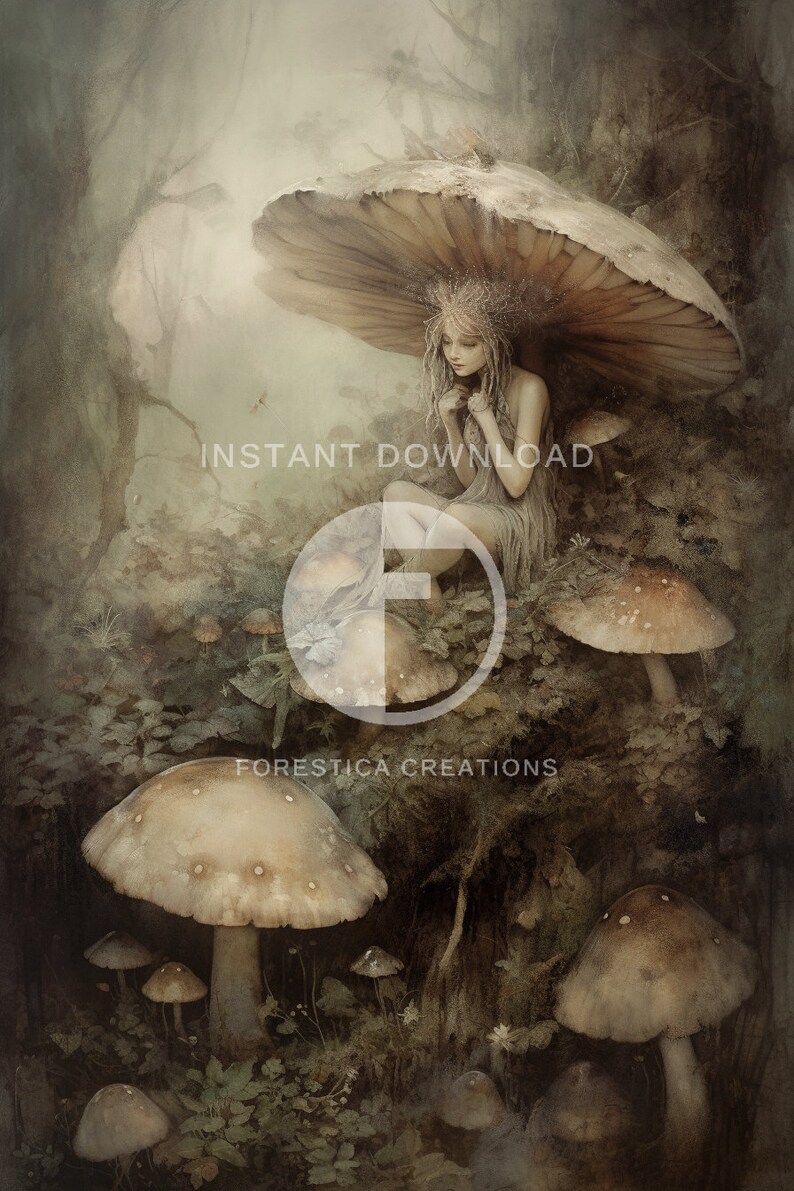May include: A whimsical illustration of a fairy sitting under a large mushroom in a forest setting. The fairy is wearing a crown of leaves and a flowing white dress. The forest is filled with lush greenery and other mushrooms.