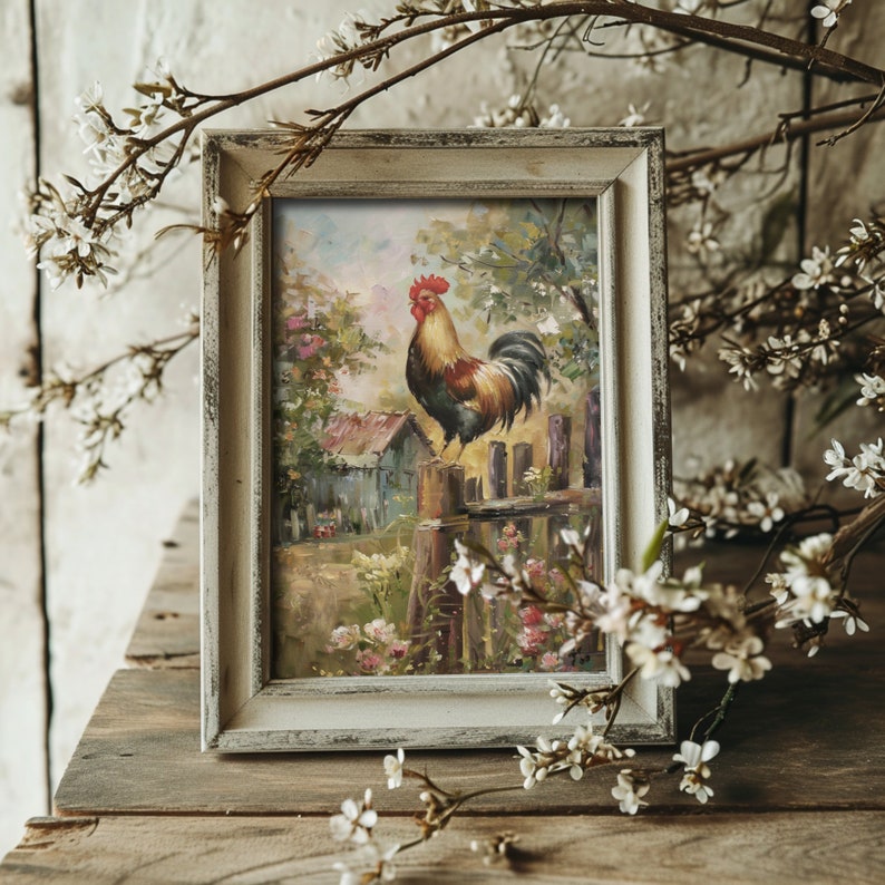 Countryside artwork featuring a rooster on a barn fence, perfect for cottagecore and spring home decor enthusiasts.