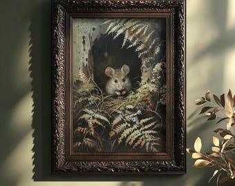 Mouse Home | Cottagecore Prints, Moody Nature Painting, Animal Wall Art, Woodland Home Decor, Mice Artwork, Green Aesthetic, Nursery Decor