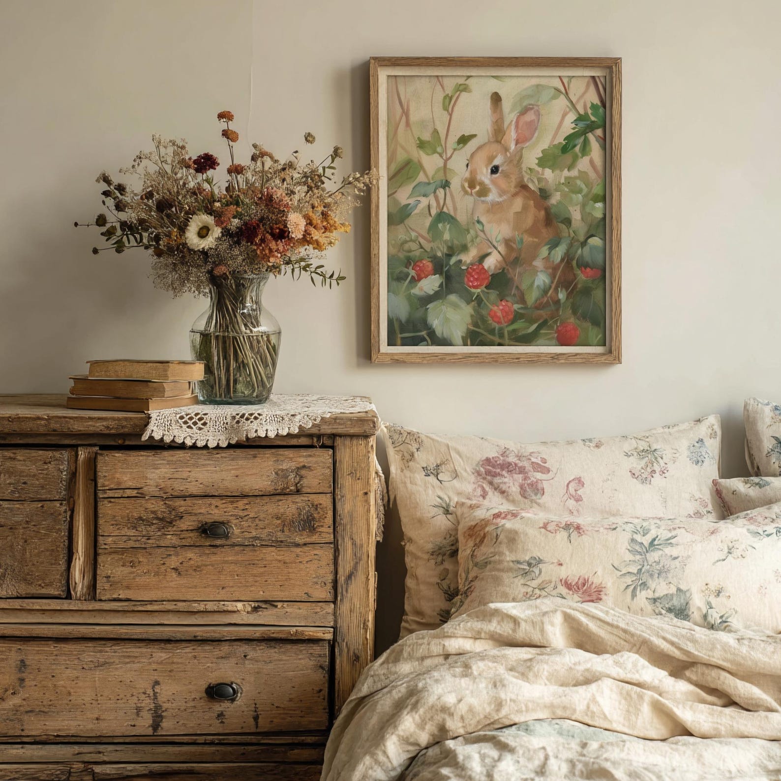 Vintage Raspberry Themed Decor Rabbit in Raspberries | Cottagecore Room Decor, Vintage Easter Prints ...