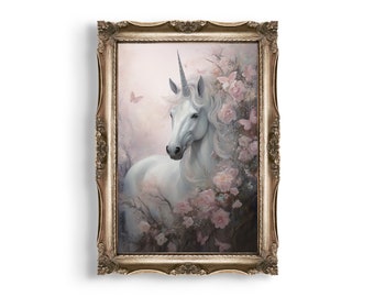 Floral Unicorn | Fairycore Prints, Coquette Room Decor, Fairytale Decor, Fairy Wall Art, Whimsical Floral Aesthetic, Moody Painting Print