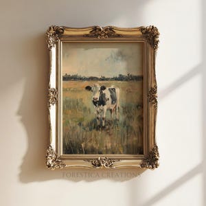 Farmhouse cow oil painting print, downloadable and perfect for adding a vintage pastoral ambiance to home interiors.
