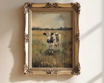 Cow | Rustic Farmhouse Decor, Vintage Farm Animal Print, Cottagecore Print, Oil Painting Aesthetic, Country Landscape Wall Art, Cow Print
