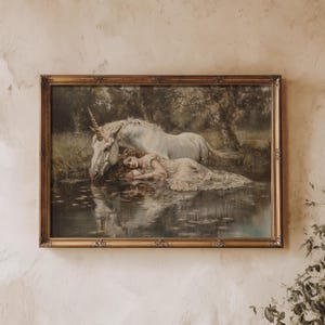Unicorn & Woman | Moody Wall Art, Vintage Fairytale Aesthetic, Dark Academia Prints, Antique Home Decor, Rustic Fairy Art, Whimsical Artwork
