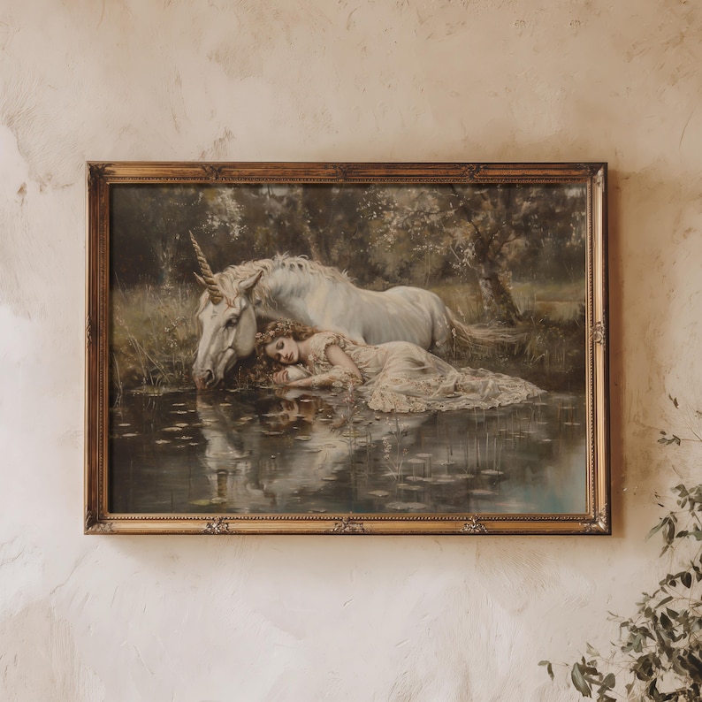 Whimsical decor art print of a maiden and unicorn in a forest, capturing the essence of Forestica Creations.