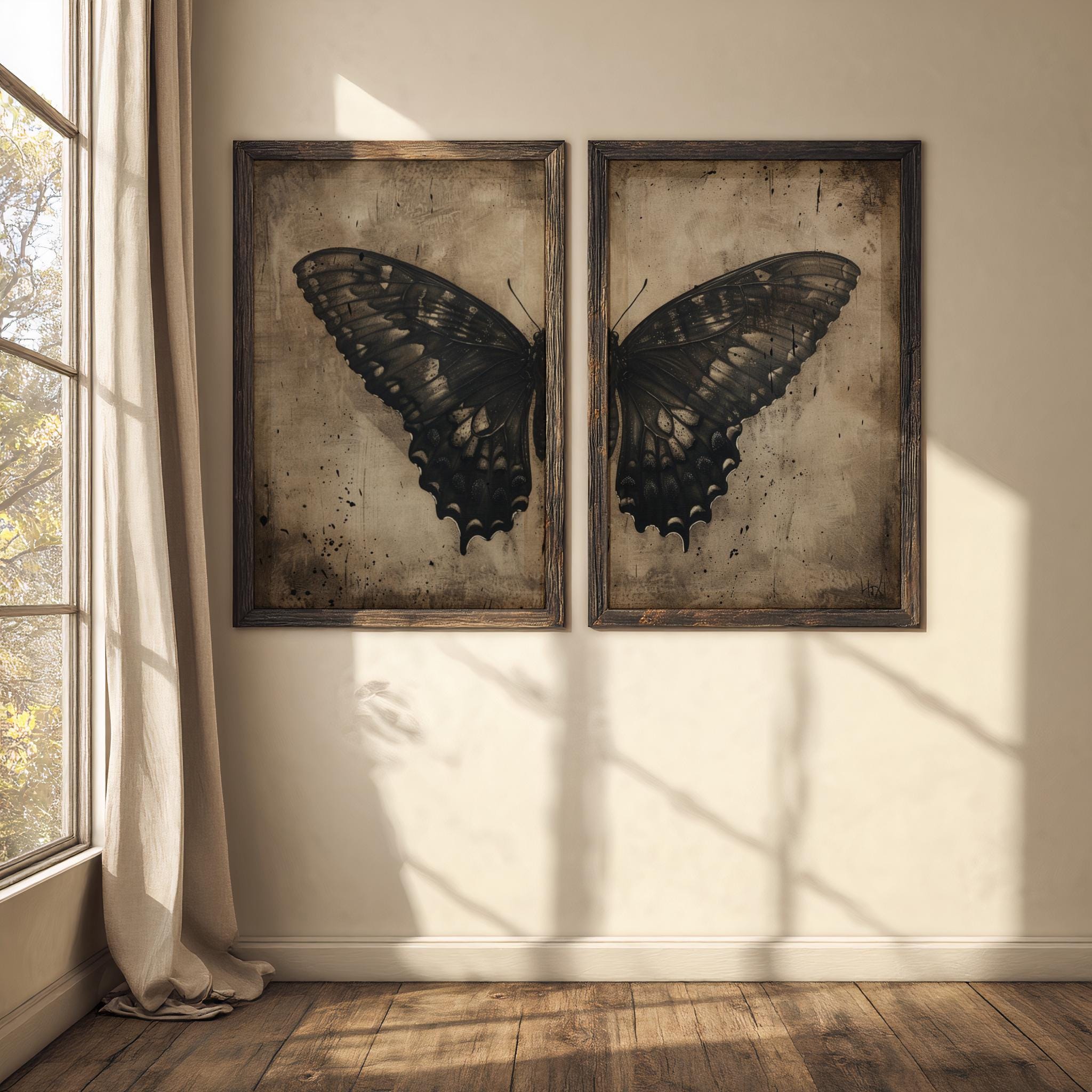 Set of 2 Butterfly Prints | Dark Cottagecore Wall Art, Rustic Farmhouse ...