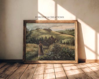 Green Hills | Rustic Farmhouse Art, Cottagecore Print, Moody Green Landscape, Antique Painting Aesthetic, Countryside Wall Art, Spring Decor