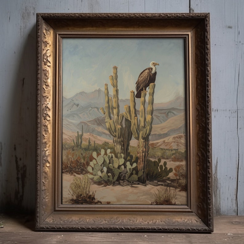 Arizona wall art featuring a vulture and cactus, ideal for enhancing rustic and western-themed spaces.