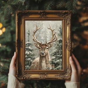 Rena de Natal | Decoração de casa de inverno, impressão de arte retrô, estética de pintura, impressões de Yule vintage, arte de parede Dark Academia, Natal de chalé