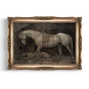 Reiter | Abstrakte Vintage Malerei, Dark Academia, Surreale Wandkunst, Goth Cottagecore, Antike Pferdemalerei, makabere Kunst