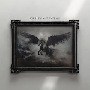 Pegasus | Dark Academia Drucke, Mythologie Kunstwerk, Gothic Home Decor, Dark Cottagecore Wandkunst, Ölgemälde Ästhetik, dunkle launische Dekoration