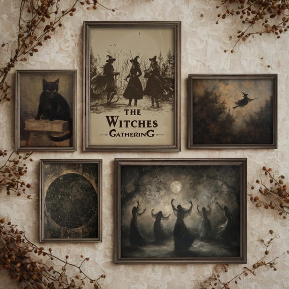 Set of 5 Witchy Prints | Vintage Eclectic Gallery Wall Set, Witch Room Decor, Retro Aesthetic, Dark Moody Art, Whimsigoth Halloween Decor