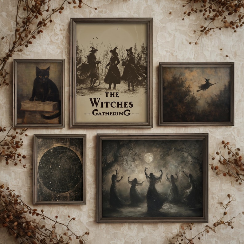 "Set of 5 witchcore wall art prints – witches, black cat, flying witch, moon dance, and star map – gallery wall on light background with dried plants