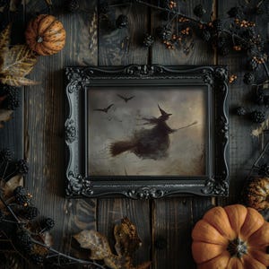 Witchy Wall Art print depicting a witch in flight, set against a dramatic sky, ideal for spooky and Whimsigoth themed rooms.