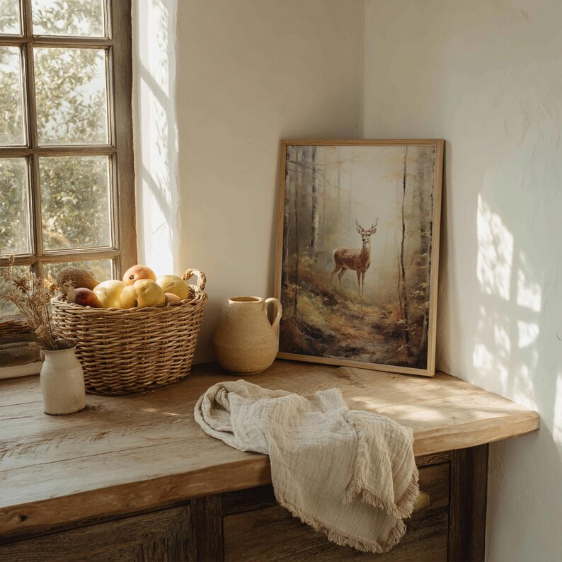 Rustic woodland digital print showing a deer in a soft autumn forest, perfect for vintage-style bedrooms, reading nooks, or cozy farmhouse spaces with dark academia and cottagecore themes.