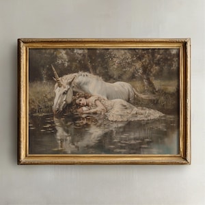 Vintage inspired print of a woman resting with a unicorn in a forest, blending fantasy and myhthology with dark academia themes.