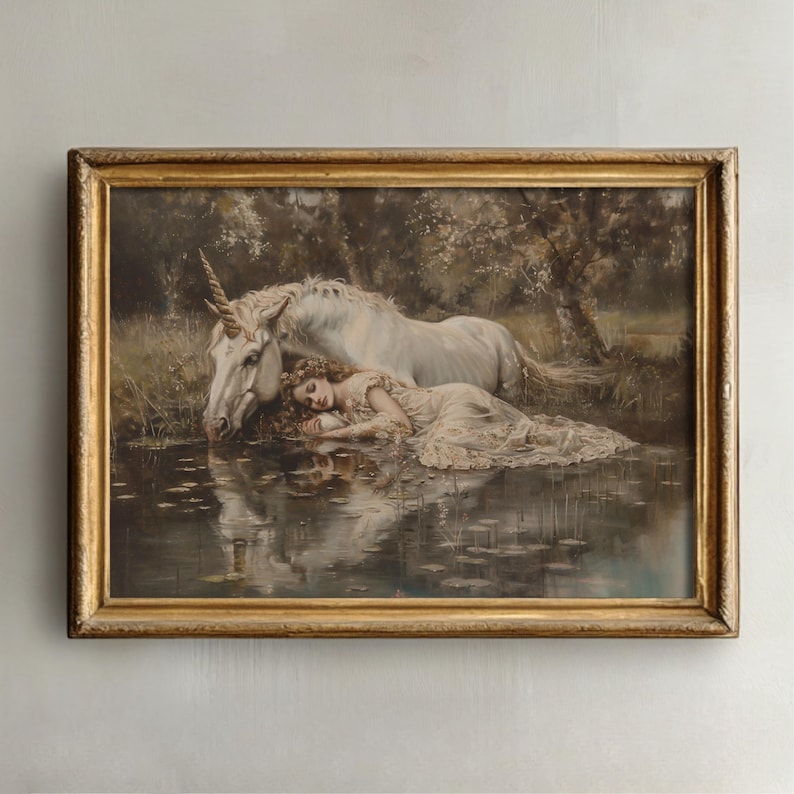 Vintage inspired print of a woman resting with a unicorn in a forest, blending fantasy and myhthology with dark academia themes.