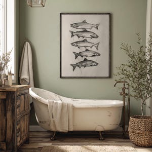 Nautical vintage art of five salmon in pencil sketch style, perfect for coastal or lake house decor.