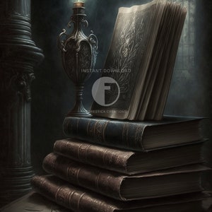 May include: A stack of antique books with a vintage candle holder and a single lit candle. The books have ornate designs and are stacked on a dark surface. The image has a dark, moody aesthetic.