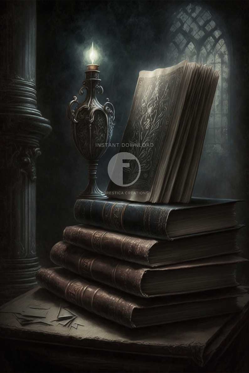 May include: A stack of antique books with a vintage candle holder and a single lit candle. The books have ornate designs and are stacked on a dark surface. The image has a dark, moody aesthetic.