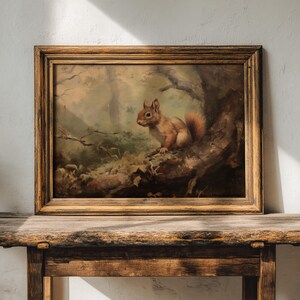 Oil painting-styled art print capturing a squirrel in a serene forest setting, ideal for adding a classic touch to nursery or lake house walls.