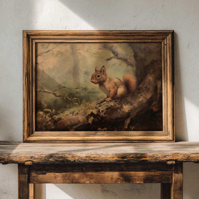 Oil painting-styled art print capturing a squirrel in a serene forest setting, ideal for adding a classic touch to nursery or lake house walls.