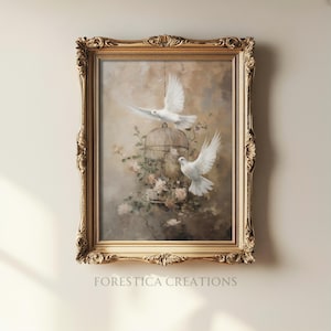 Arte mural con palomas blancas y melancólico, decoración cottagecore, arte victoriano, estética floral, láminas de Dark Academia, decoración maximalista, lámina ecléctica