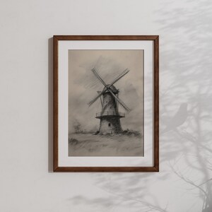 A monochrome pencil sketch of an old windmill, detailed and emotive, set against a stark, blank space.