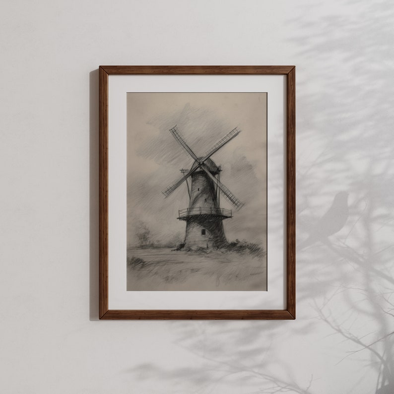 A monochrome pencil sketch of an old windmill, detailed and emotive, set against a stark, blank space.