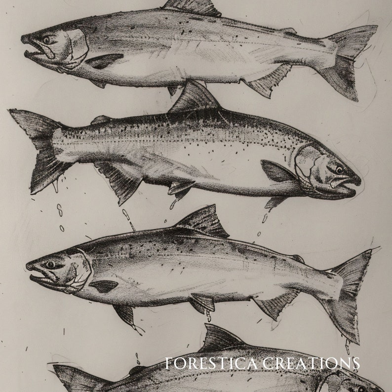 May include: A black and white pencil drawing of four salmon swimming in a vertical line. The drawing is on a white background and includes the text "FORESTICA CREATIONS".