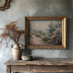 Vintage gallery set featuring a digital oil painting of pink flowers, enhancing maximalist or boho home aesthetics.
