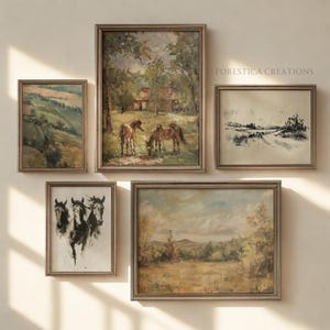 Set of 5 Countryside Prints | Farmhouse Decor, Spring Gallery Wall Set, Moody Oil Paintings, Vintage Aesthetic, Rustic Cottagecore Art Set