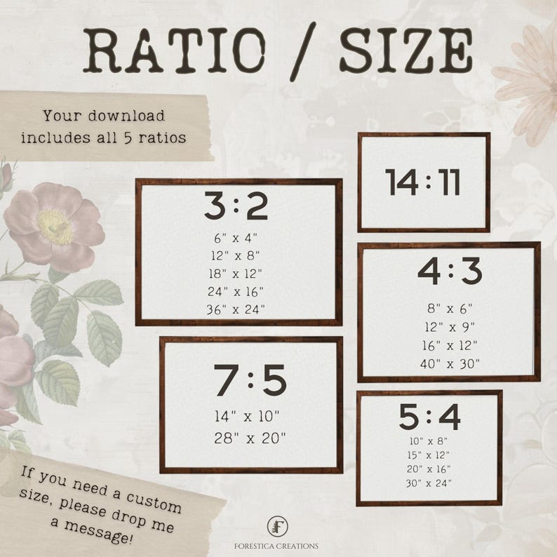 May include: A graphic showing five different aspect ratios for digital downloads, with the text "RATIO / SIZE" at the top. The ratios are 3:2, 7:5, 4:3, 5:4, and 14:11. Each ratio is displayed with a list of common print sizes in inches.