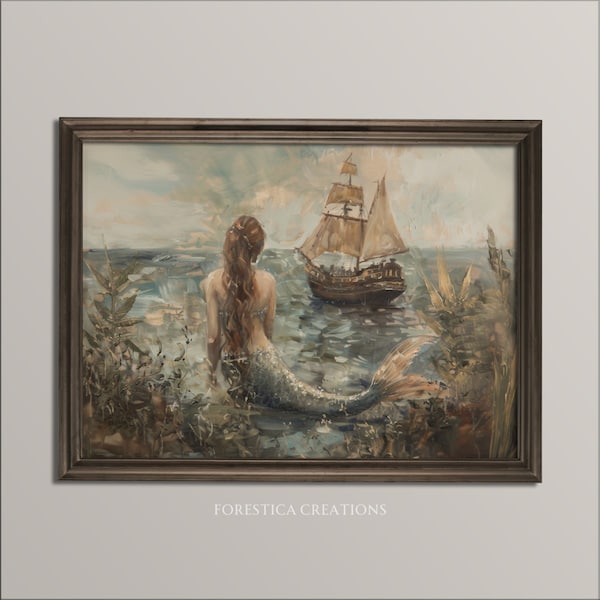 Siren | Dark Academia Print, Mermaid Wall Art, Antique Painting Aesthetic, Coastal Art, Moody Nautical Wall Decor, Fantasy DND Decor