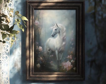 Unicorn | Fairycore Prints, Cottagecore Decor, Fairy Wall Art, Fairytale Aesthetic, Moody Painting Print, Whimsical Art, Coquette Room Decor